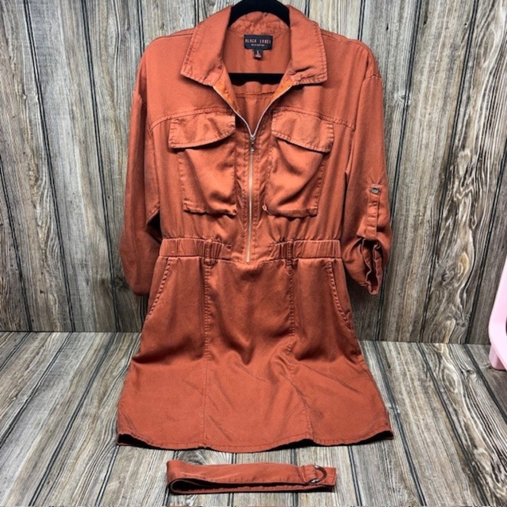 Black Label by C'est Toi Rust Orange Tencel Utility Zip Front Shirt Dress Large